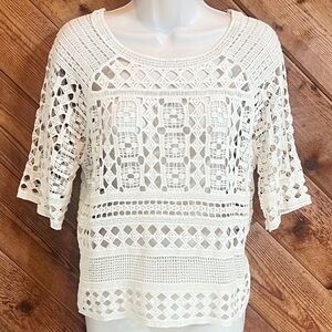 Holly Bracken crochet knit scoop neck cream short sleeve blouse top